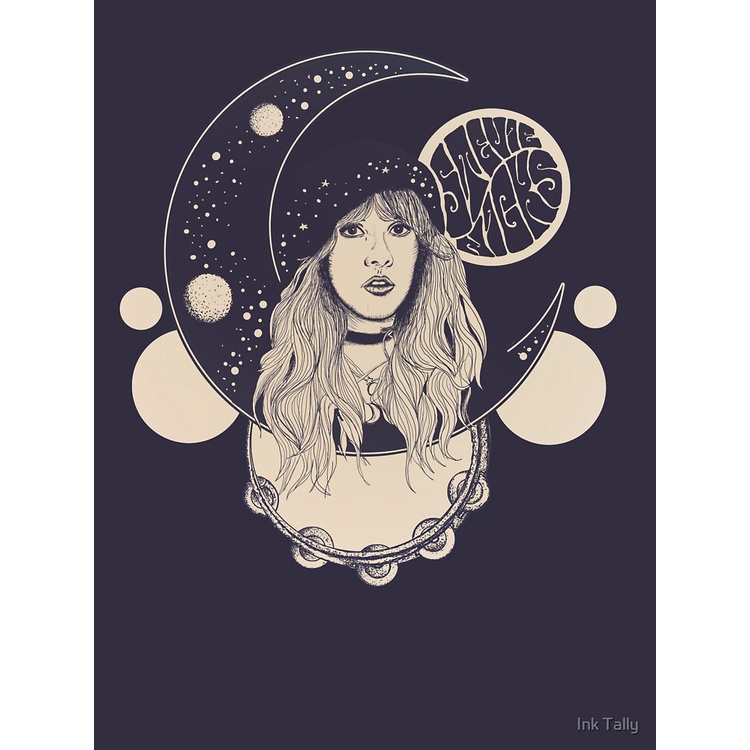 เสื้อยืดผ้าฝ้ายcotton-ฟลีตวูดแม็ก-วงร็อค-stevie-nicks-inspired-70s-psychedelic-moon-print-essential-t-shirt-fleetwood-ma