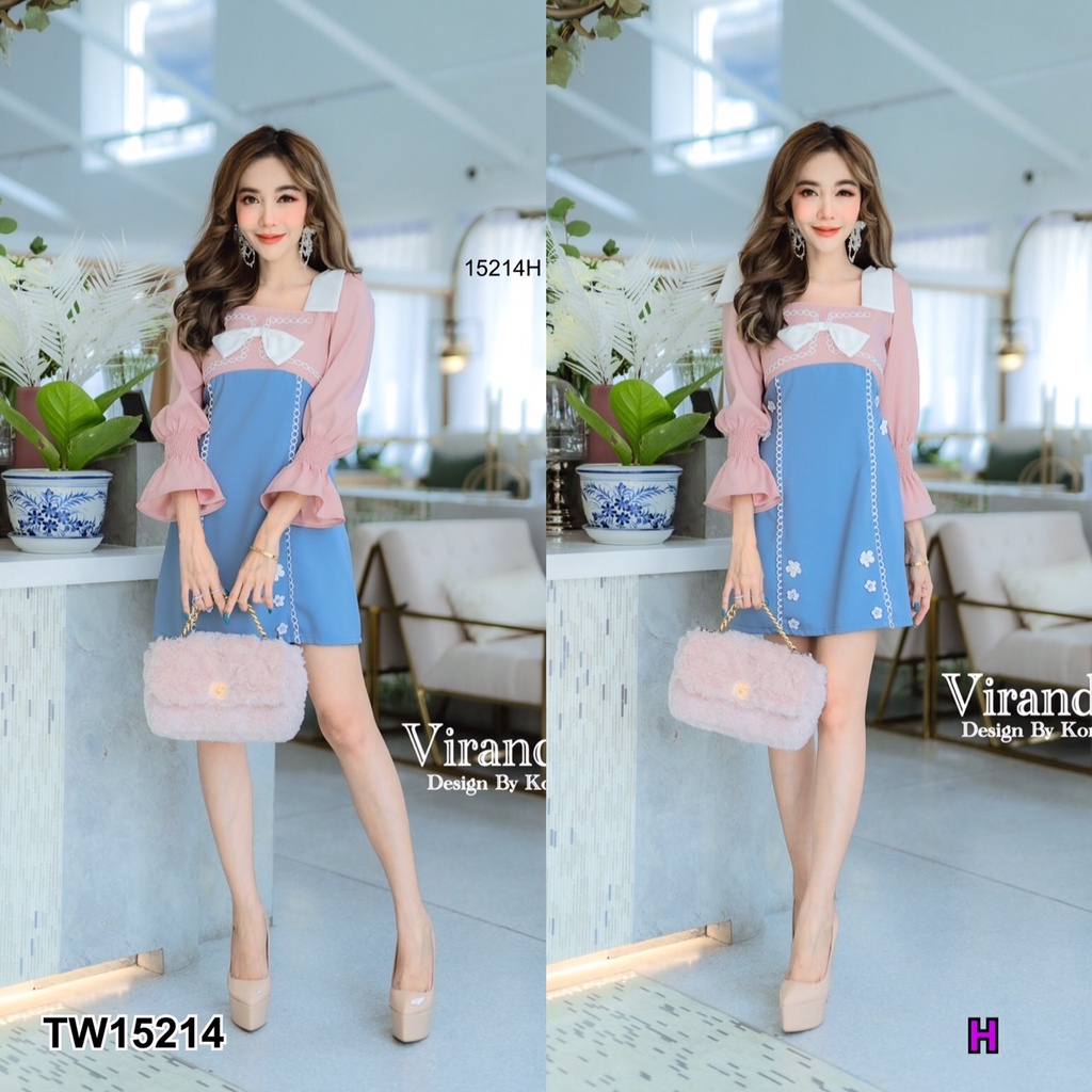 tw15214-เดรสแขนพอง-แขนยาว-สม้อคแขนปลายแขนบาน-อกติดโบว์-ติดลูกไม้ขาวกลมเรียงยาว-กระโปรงทรงเข้ารูป-ผ้าซาร่า