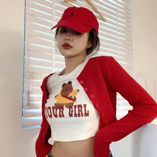 Bear crop top + Red cardiganเสื้อครอปสีขาว