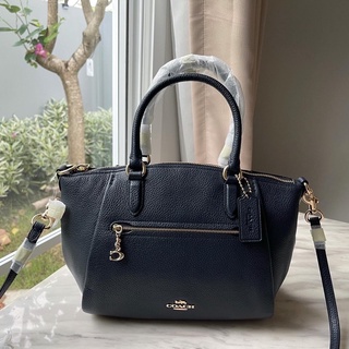 (ผ่อน0%) กระเป๋าสะพายข้าง COACH Polished Pebble Leather Elise Satchel Gd/Midnight Navy 79316 หนังสีกรมท่า ทรงพัด งานshop