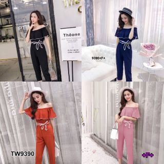 &lt;TW9390&gt;Set2ชิ้น เสื้อปาดไหล่ระบายกุ้นขอบขาว ผ้าซาร่ามาพร้อมกางเกงขายาว ทรงกระบอกเล็ก เอวยืดหลัง