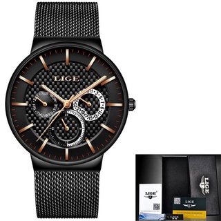 LIGE Luxury Brand casual Watches Men Simple Business Quartz Watch Man Mesh strap Date Fashion Black