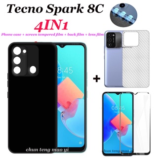 [4 In 1] เคสโทรศัพท์มือถือแบบนิ่ม TPU พร้อมฟิล์มนิรภัย ฟิล์มด้านหลัง ฟิล์มเลนส์ สีดํา คุณภาพสูง สําหรับ Tecno Spark 8C Tecno Spark GO 2022
