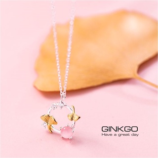 s925 Ginkgo necklace สร้อยคอเงินแท้  ใบปิงโกะสีทอง ประดับหินธรรมชาติ Pink Cateye และ Cubic Zirconia (CZ)