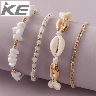 Multi-anklet white small gravel beach shell rice bead braided anklet 4-piece set for girls for