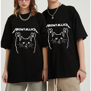 เสื้อยืด ผ้าฝ้าย พิมพ์ลายแมว Meowtallica Cat Rock Music สีดํา สําหรับผู้ชาย O65YT 667722สามารถปรับแต่งได้