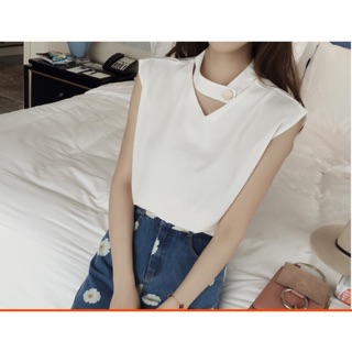 FB.เสื้อโชคเกอร์แฟชั่นแขนกุดแบบน่ารักสไตล์เกาหลี รหัส 1486-สีขาว