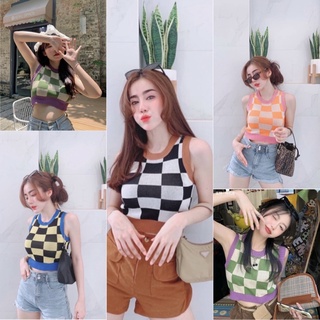 เสื้อครอปทอปไหมพรหมลายสก้อต คอกลมเก๋มากๆ🔥พร้อมส่ง