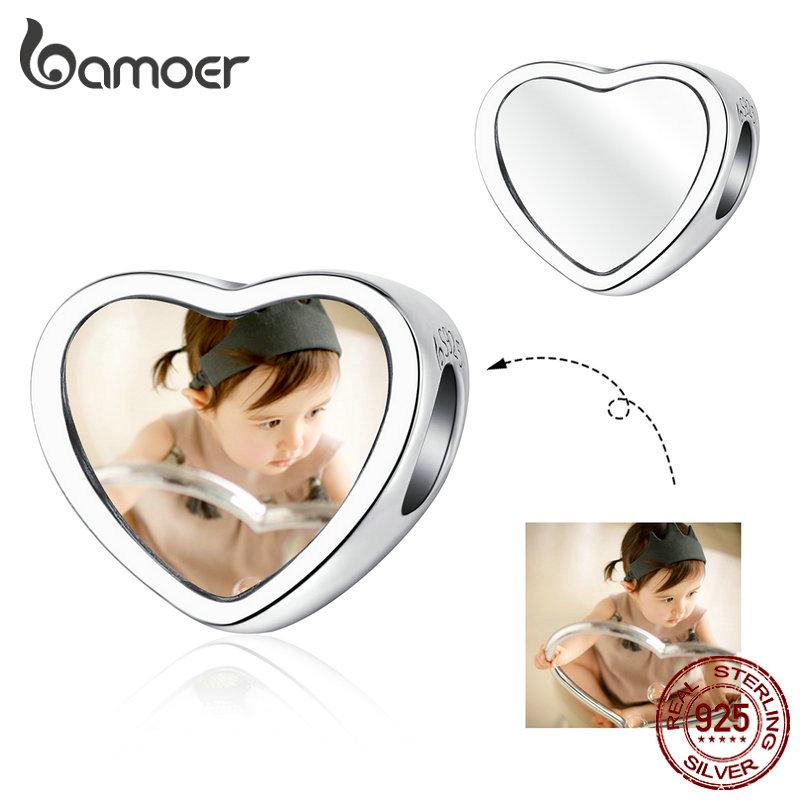 BAMOER Love Token Heart Shape Customized Charm Fit Put Photo Into Jewelry Authentic 925 Silver