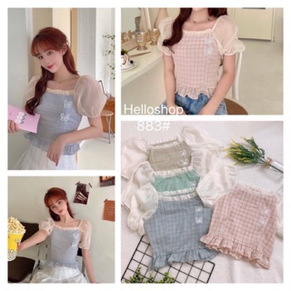 🎀newin เสื้อคร๊อปลายสก๊อต แขนตุ๊กตาน่ารักมากๆ อก 34 ยาว 16” ผ้าใส่สบาย สีโทนพาสเทลน่ารักทุกสี