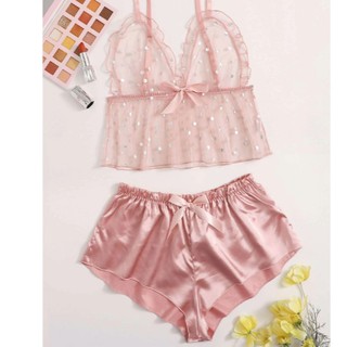 ชุดนอนไม่ได้นอน เซ็ตชุดชั้นใน เซ็กซี่  ลายจุด Polka Dot Mesh Bralette With Satin Shorts Shein