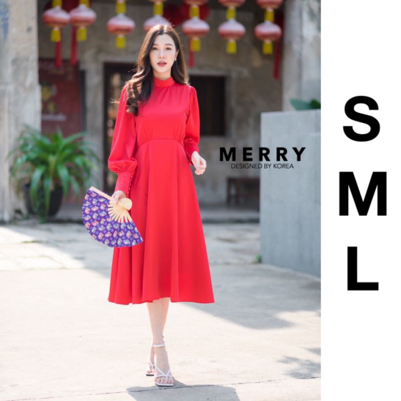 merry-แม้กซี่เดรสแขนยาว-เรียบๆมาพร้อมซิปหลังและซับในตัวอย่างดี