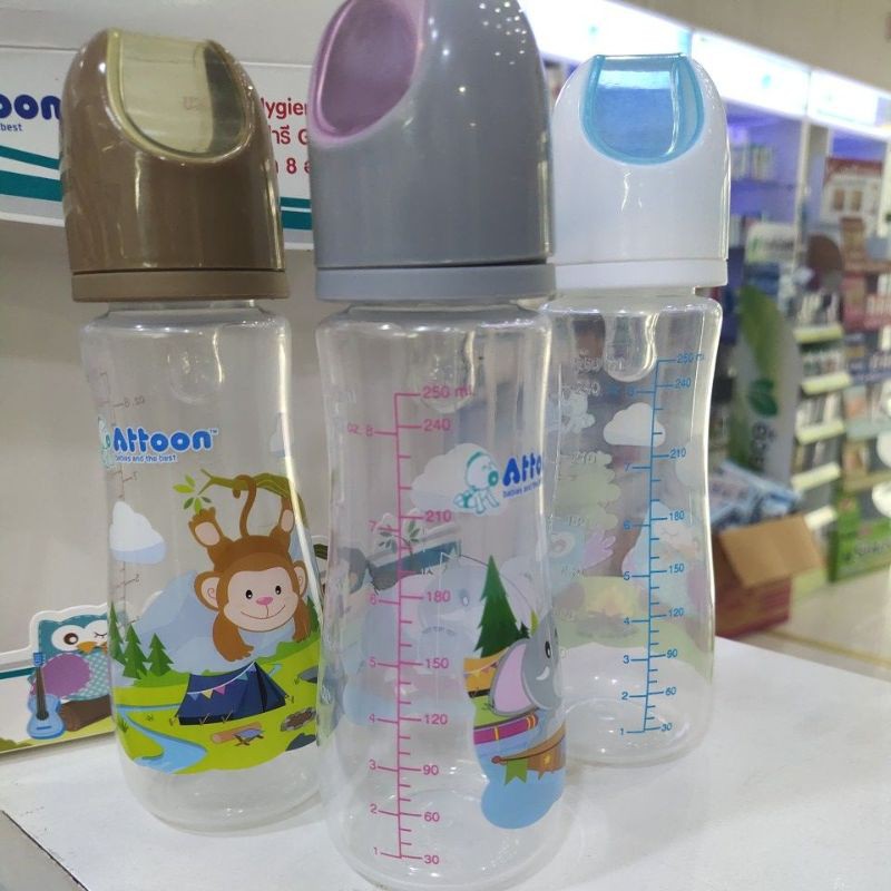 ถูกสุด-attoon-ขวดนม-gigi-8oz-แพ็ค-3-ขวด-hygienic-2-tone-ซาฟารี-giggles