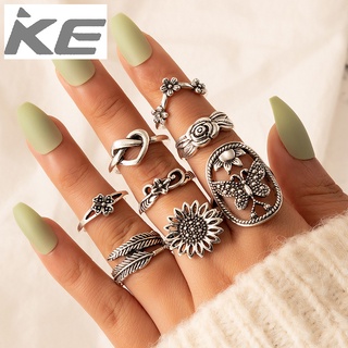 Vintage Jewelry Alloy Flower Feather Ring Set Eight-piece Love Butterfly Hollow Ring Set for g