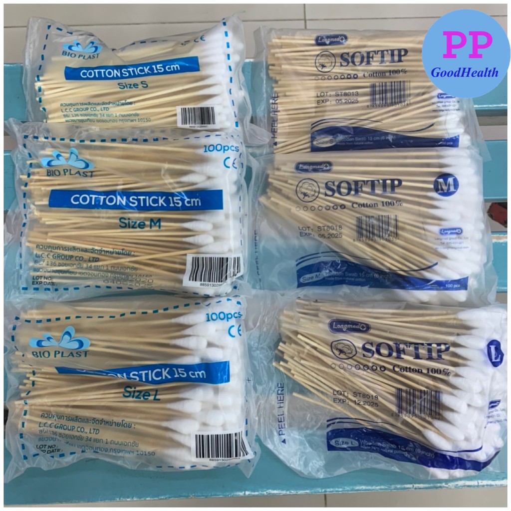 รูปภาพสินค้าแรกของไม้พันสำลี สำลีก้าน (100 ก้าน) Cotton Swab 6 นิ้ว S,M,L ยี่ห้อ BIOPLAST หรือ LONGMED