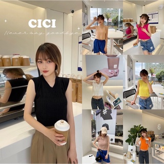 Cici(NO.341)เสื้อครอปแขนกุดคอวีผ้าไหมพรมknit ทอลาย เนื้อผ้าดี ทรงนี้ฮิตมาก