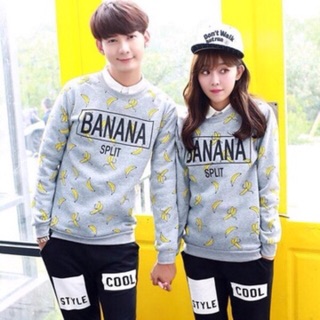 TJ เสื้อกันหนาวแฟชั่น คอกลม แขนยาว บุกันหนาว ลาย BANANA สีขาว เทา รหัสสินค้า MR5103 ขาว เทา