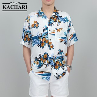 KACHARI “Flower Parrot” (สีขาว) พร้อมส่งฟรี เสื้อฮาวาย เสื้อสงกรานต์ ผ้าเรยอน