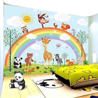 วอลล์เปเปอร์ติดผนัง ลายการ์ตูนสัตว์ สีรุ้ง 3 มิติ สําหรับตกแต่งบ้าน ห้องนอนเด็กอนุบาล