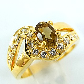 💎S926 แหวนพลอยแท้ แหวนเงินแท้ชุบทองคำ พลอยสโมกกี้ควอทซ์แท้ 100%
