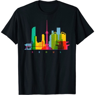 เสื้อยืดโอเวอร์ไซส์เสื้อยืด พิมพ์ลาย Seoul Skyline สไตล์เกาหลีใต้ วินเทจ สีสันสดใสS-3XL