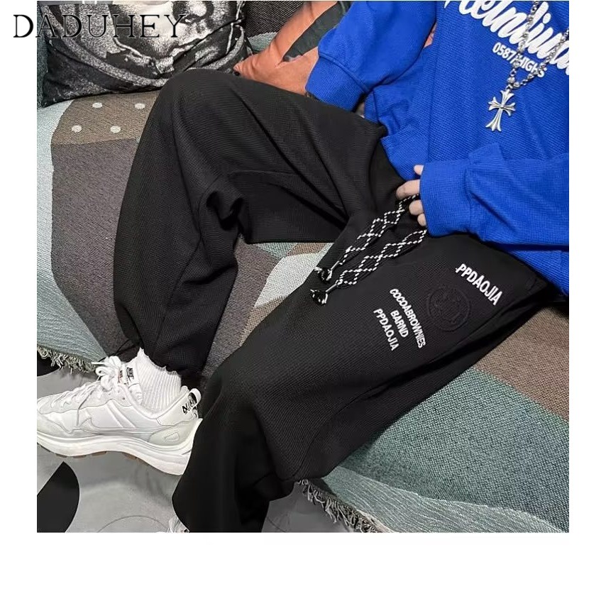 daduhey-mens-spring-new-waffle-hong-kong-style-wide-leg-pants-ins-high-street-fashionable-loose-all-matching-casual-pants-sports-pants-ankle-tied-sweatpants