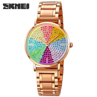 Skmei นาฬิกาข้อมือควอทซ์ลําลอง ประดับพลอยเทียม กันน้ํา หลายสีสัน แฟชั่นสําหรับผู้หญิง