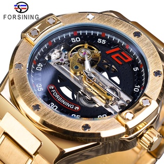 Forsining Automatic Male Watch Golden Bridge Transparent Stainless Steel Band Racing Man Mechanical Wristwatch Relogio M