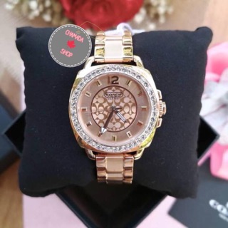 🍃COACH Boyfriend Crystal Bezel Bracelet Rose Gold Watch 14501701