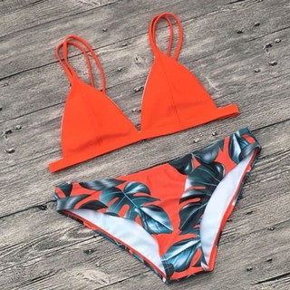 ชุดว่ายน้ำ บิกินี่ทูพีช บราสีส้มสดใส บิกินี่ลายใบไม้สวยๆ