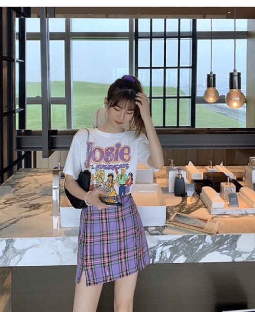 ชุดเซ็ทน่ารักๆ-เสื้อลายjosie-กระโปรงลายสก็อตงานซิปหลัง-ใครสาวกสีม่วงมาตำได้เลยจ้า