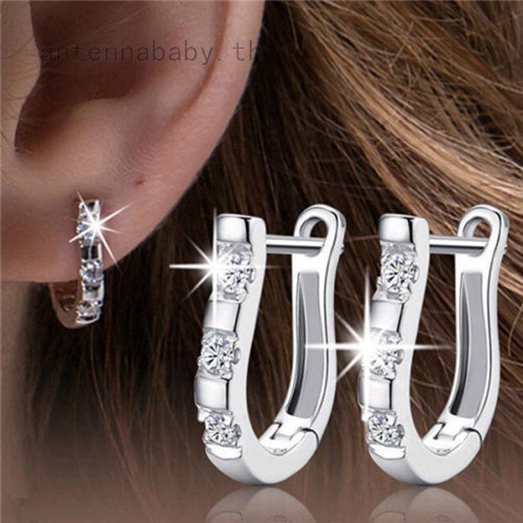 1 Pair Chic Silver Lady White Gemstones Womens Hoop Earrings 0489