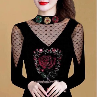 ۞✻☃ส่วนบาง / บวกกำมะหยี่ฤดูใบไม้ร่วงและฤดูหนาวแนวโน้มของเส้นด้ายสุทธิชนิดระเบิดลูกไม้แขนยาวเสื้อยืดผู้หญิงบาง เสื้อด้านล