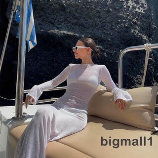 Bigmall- ชุดเดรสยาวซีทรู แขนยาว เปิดหลัง รัดรูป ลําลอง สง่างาม สําหรับผู้หญิง