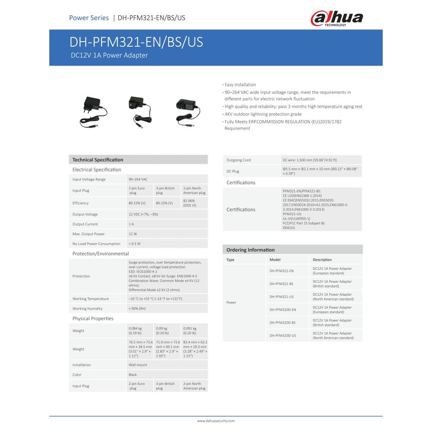 dahua-อแดปเตอร์-สำหรับกล้องวงจรปิด-12v-1a-รุ่น-dh-pfm321