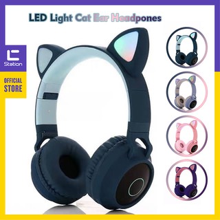 หูฟังสเตอริโอไร้สาย บลูทูธ 5.0 ไฟ LED รูปหูแมว HIFI รองรับการ์ด TF อินพุตการ์ด SD 3.5 มม. พร้อมไมโครโฟน