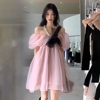 🔥Hot Sale/French Pure Desire Gentle Organza Dress Womens Small Loose and Thin กระโปรงพัฟแขนพัฟ