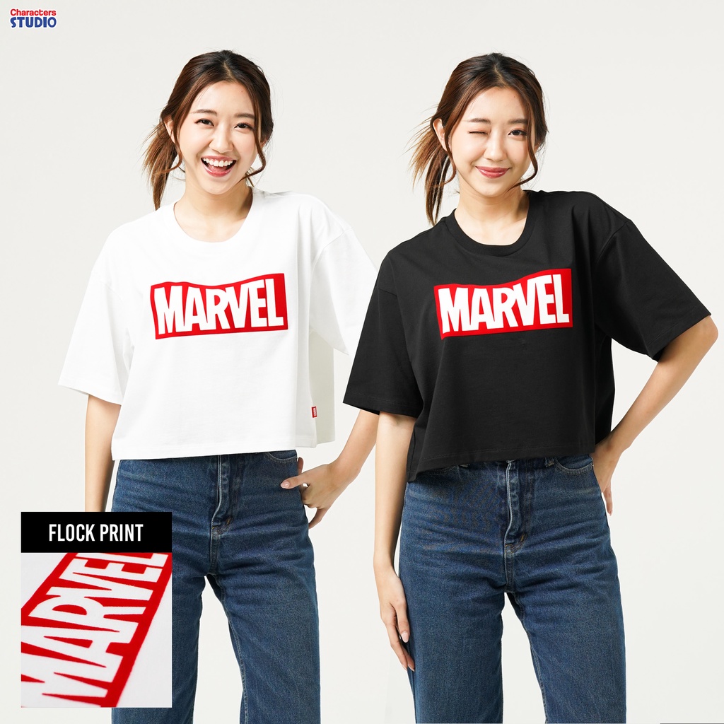 marvel-logo-women-crop-flock-print-t-shirt-เสื้อครอปผู้หญิงโลโก้-มาร์เวล-พิมพ์กำมะหยี่-สินค้าลิขสิทธ์แท้100-characters-studio