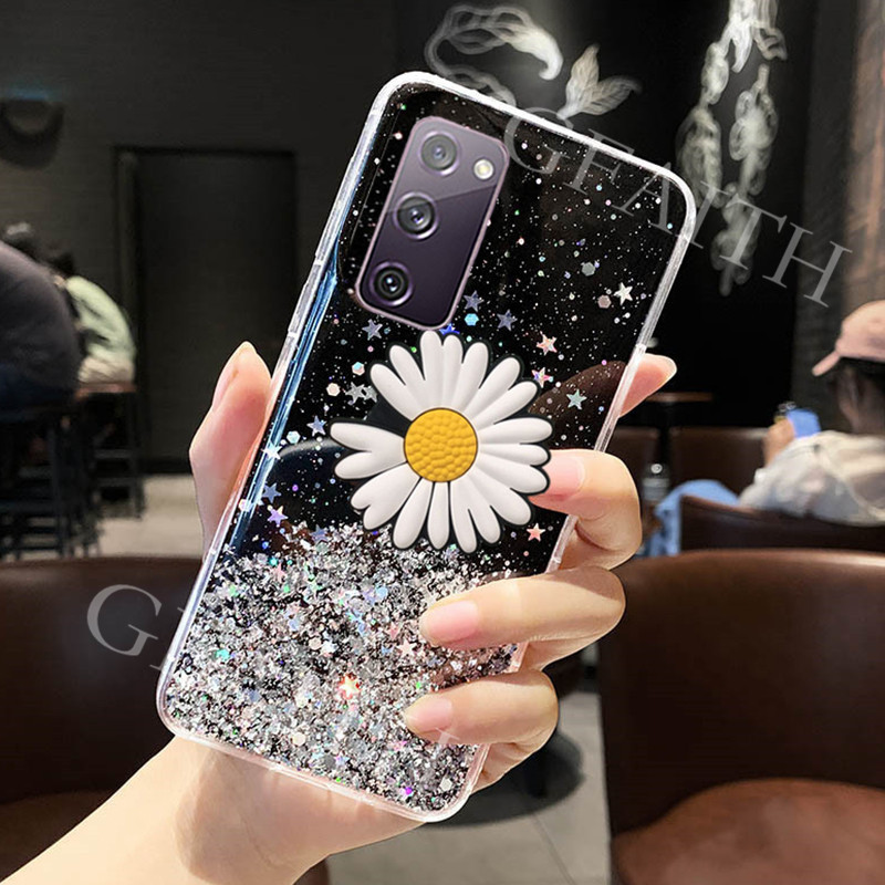 2020-new-เคสโทรศัพท์-samsung-galaxy-s20-fe-fan-edition-5g-cover-fashion-bling-glitter-star-transparent-case-with-daisy-folding-stand-holder-softcase-เคส-for-samsung-s20fe-casing