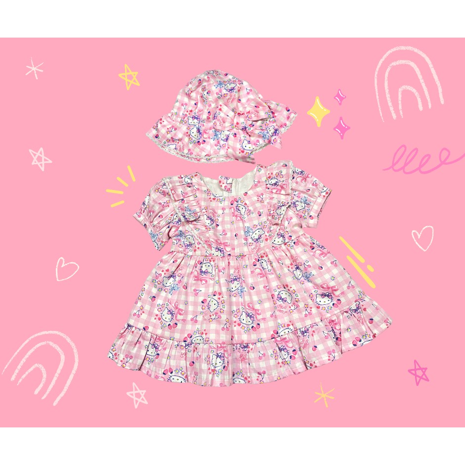 ชุดเด็ก-เดรส-sanrio-คิตตี้สีชมพูสก็อตลายสตอเบอร์รี่-หมวก