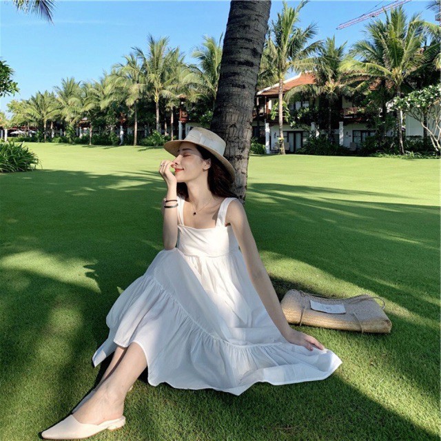 พร้อมส่ง-ที่ไทย-maxi-dress-สีขาวผูกโบว์ด้านหลัง-ds074