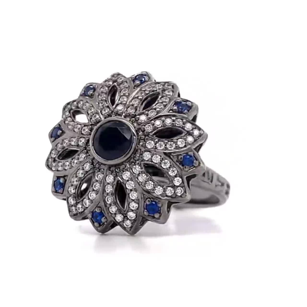 แหวนแฟชั่น-ethniq-ฝังพลอยนาโนนำเข้า-สีขาว-น้ำเงินไพลิน-ชุบ-black-rhodium