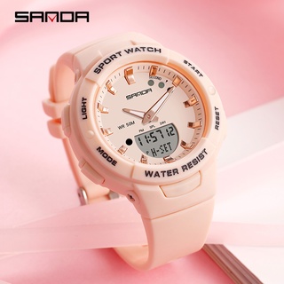 ราคาSANDA แบรนด์หรูแฟชั่นสตรีกีฬานาฬิกา PU ผู้หญิงกันน้ำ Chronograph Dual แสดงผล Watch