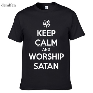 เสื้อยืดผ้าฝ้ายพิมพ์ลาย เสื้อยืด ผ้าฝ้าย พิมพ์ลาย Keep Calm And Worship Satan แฟชั่นสําหรับผู้ชาย