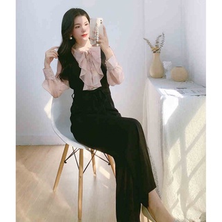 [X &amp; R] ชุดจั๊มสูทแขนยาว ผ้าชีฟอง ลดอายุ แบบมืออาชีพ แฟชั่นฤดูใบไม้ร่วง สไตล์เกาหลี ตะวันตก สองชิ้น