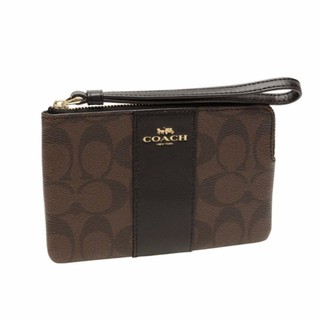COACH กระเป๋าซิปคล้องมือCORNER ZIP WRISTLET IN SIGNATURE COATED CANVAS WITH LEATHER STRIPE F58035 IMAA8(IM/BROWN/BLACK)