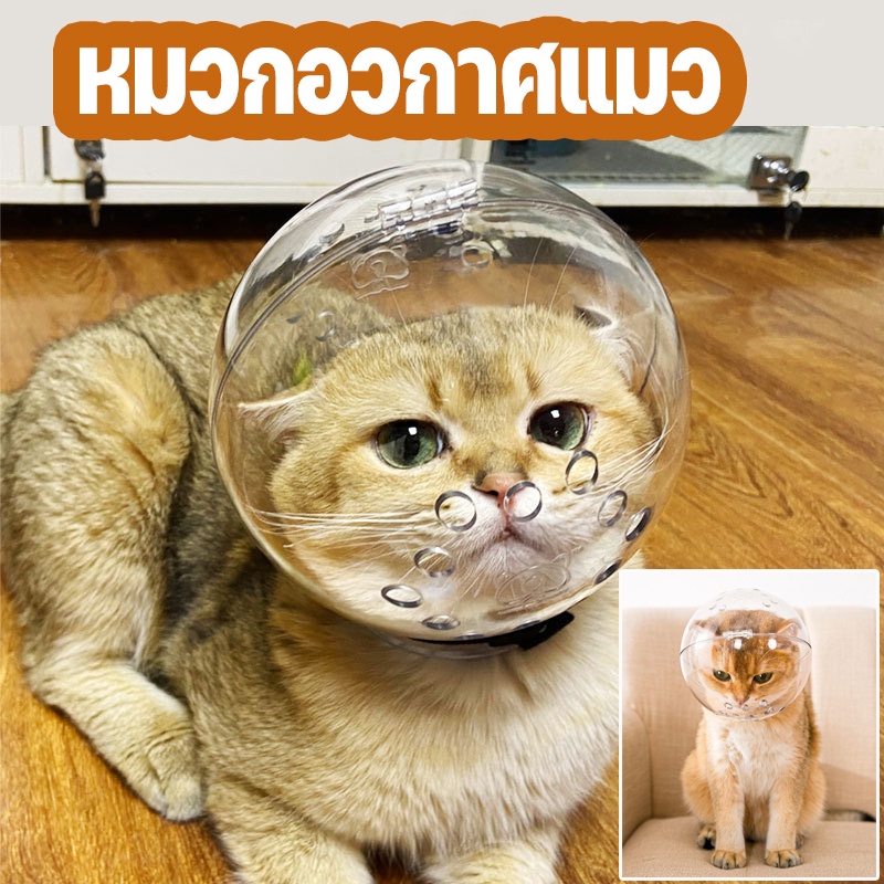 พร้อมส่ง-หมวกอวกาศแมว-ป้องกันการกัด-ระบายอากาศได้ดี-อุปกรณ์ป้องกันแมวเลีย-ที่ครอบปากน้องแม