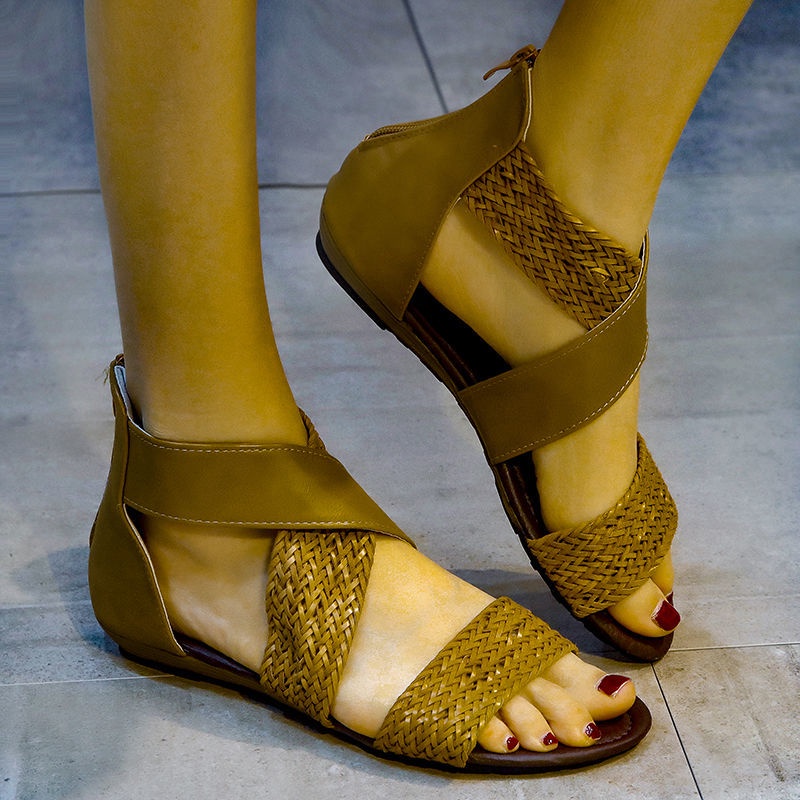 สปอตสินค้า-รองเท้าผู้หญิงขนาดใหญ่ฟางซิปหลังยุโรปและอเมริกาปลาปากแบนรองเท้าแตะโรมัน