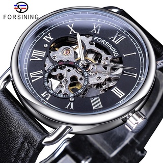 Forsining Classic Silver Case Black Genuine Leather Band Roman Number Waterproof Design Mens Mechanical Watches Top Bran
