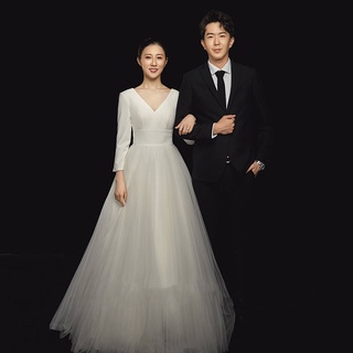 ชุดแต่งงาน ใหม่ แขนยาว คอวี เจ้าสาว งานแต่งงาน ฮันนีมูน ท่องเที่ยว ชุดเดรสสีขาว